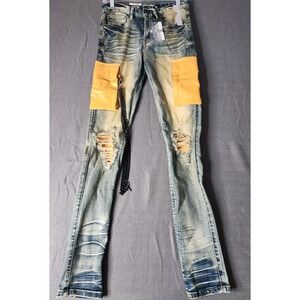 Decibel Jeans Mens 28x33‎ Faux Leather Cargo Stacked Distressed Fade Chain NWT